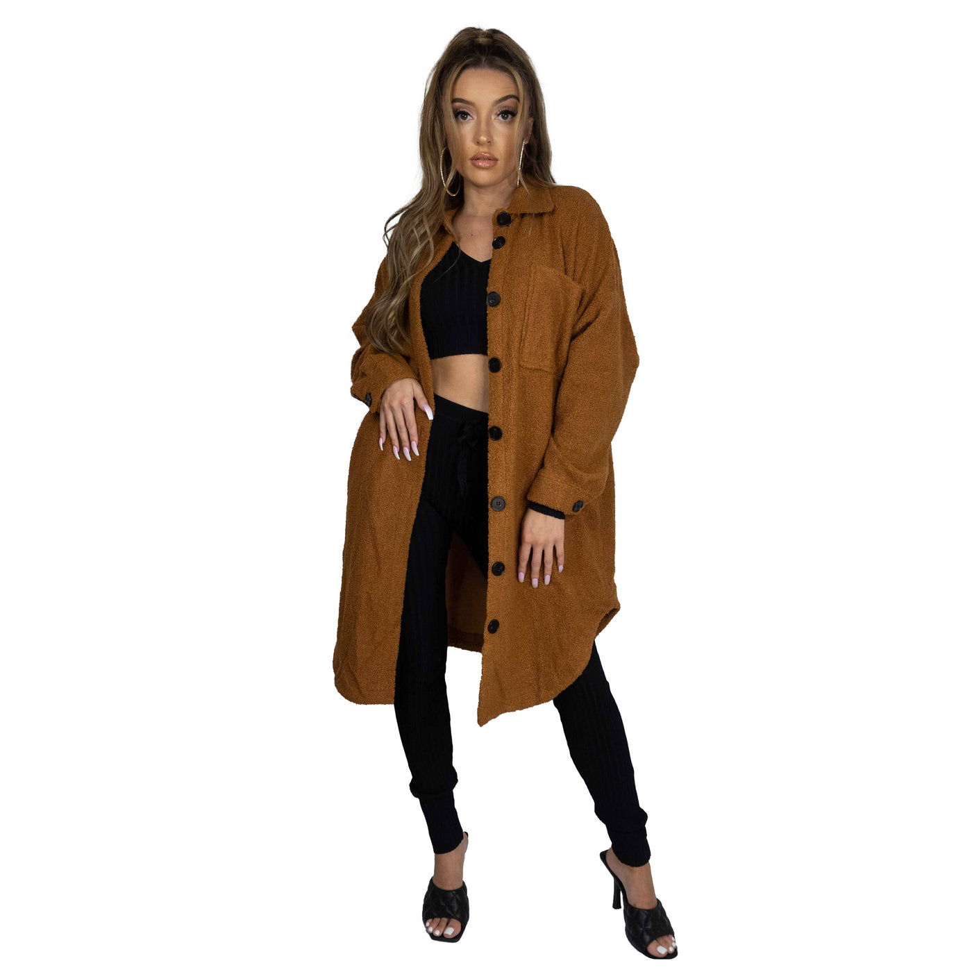 Long Teddy Button Down Jacket (Camel)