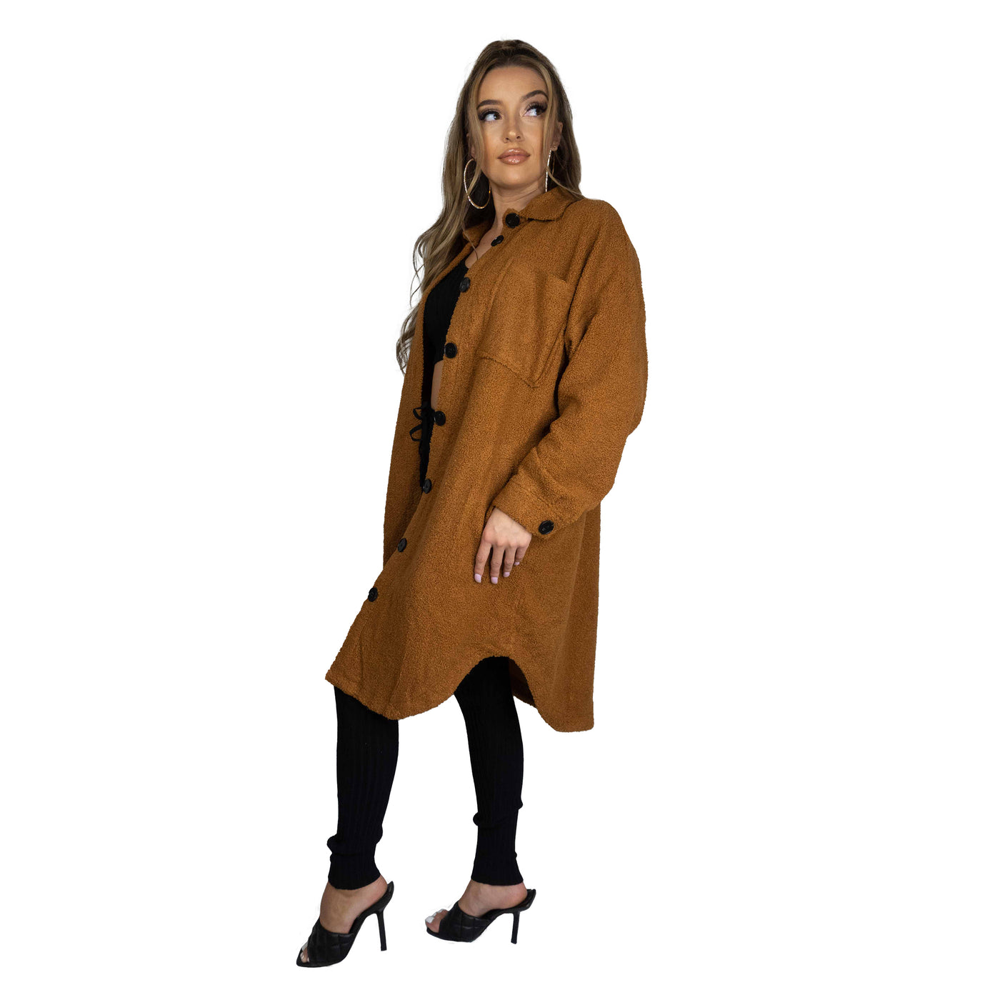 Long Teddy Button Down Jacket (Camel)